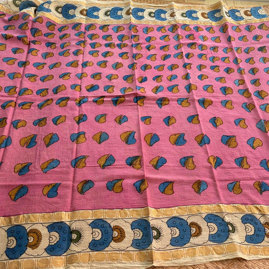 Pink Floral, Kalamkari Hand Painted on a Madurai Sungudi Cotton 1.20 METER FABRIC