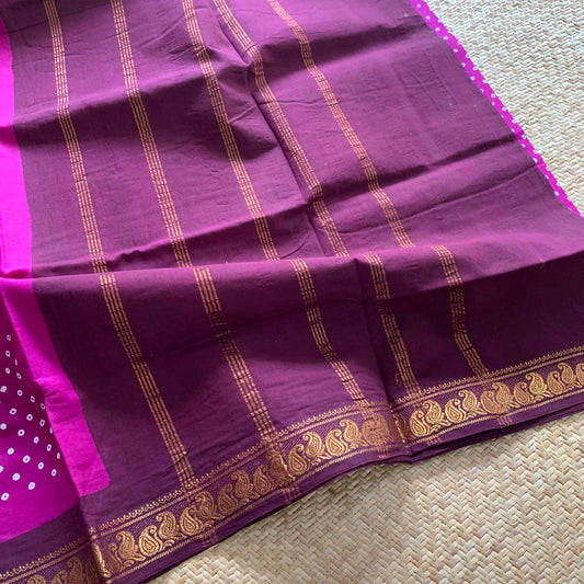 Purple With Brown Wax Print, Half Fine Zari Premium Sungudi Cotton Sarees