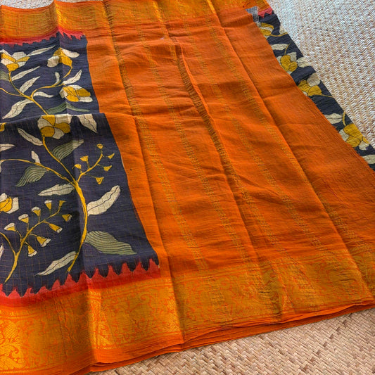 Black Floral Kalamkari Hand Painted on a Madurai Velthari Sungudi Cotton saree.