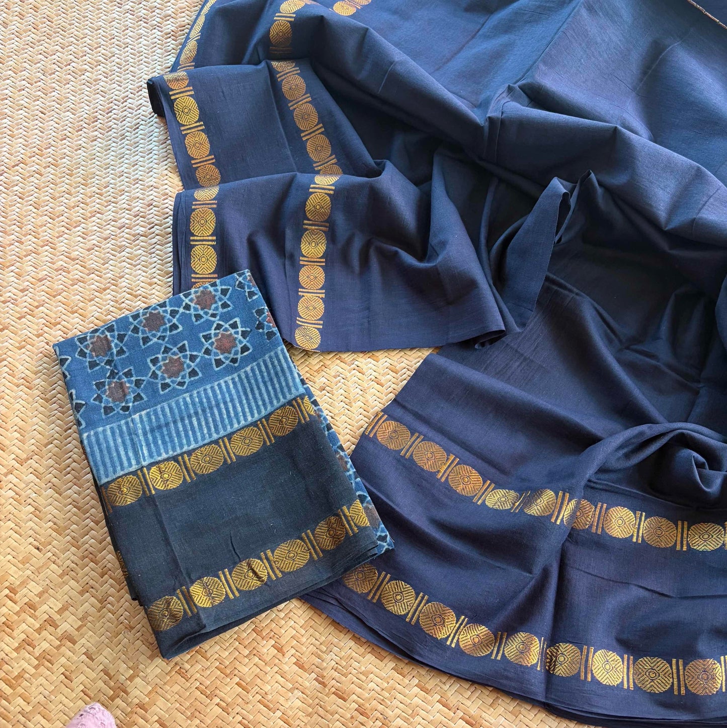 Navy Saree With Ajrak Blouse , Zari Rudraksham Rettai Pettu Border , Clamp dyed (Kattu sayam).