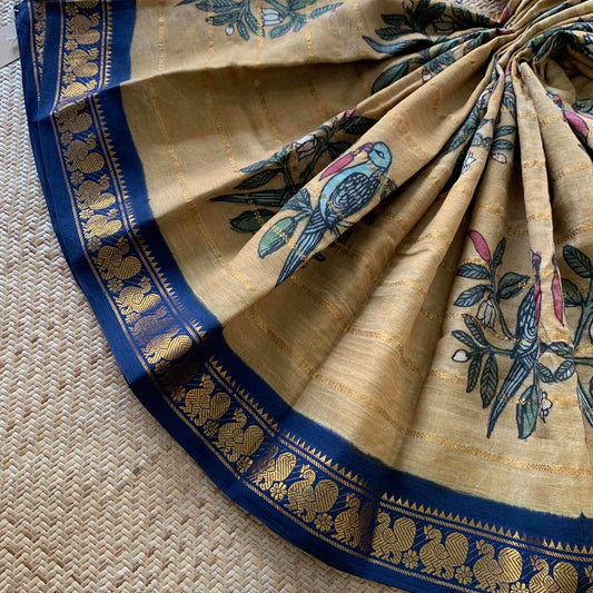 Parrot- chilli Kalamkari Hand Painted on a Madurai Velthari Sungudi Cotton saree.