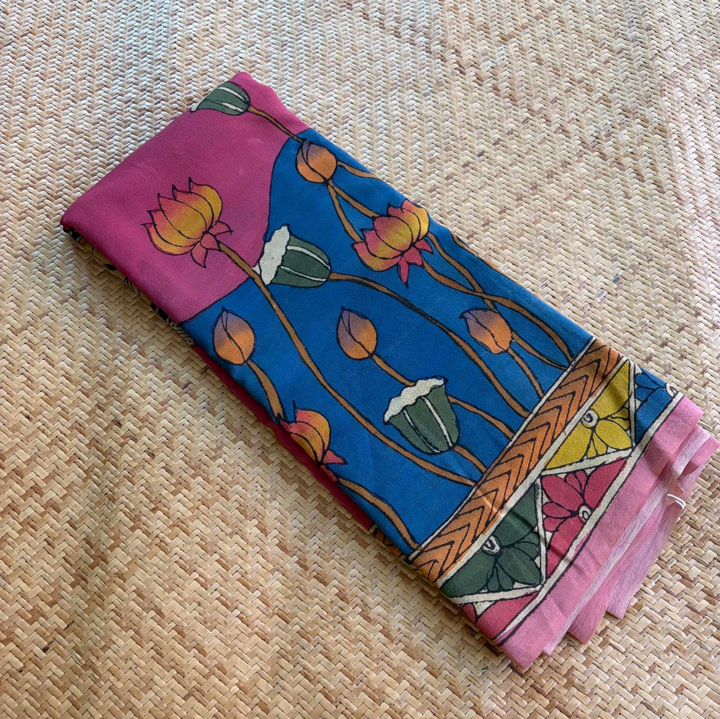 Multicoloured Kalamkari Hand Painted on Crape silk
