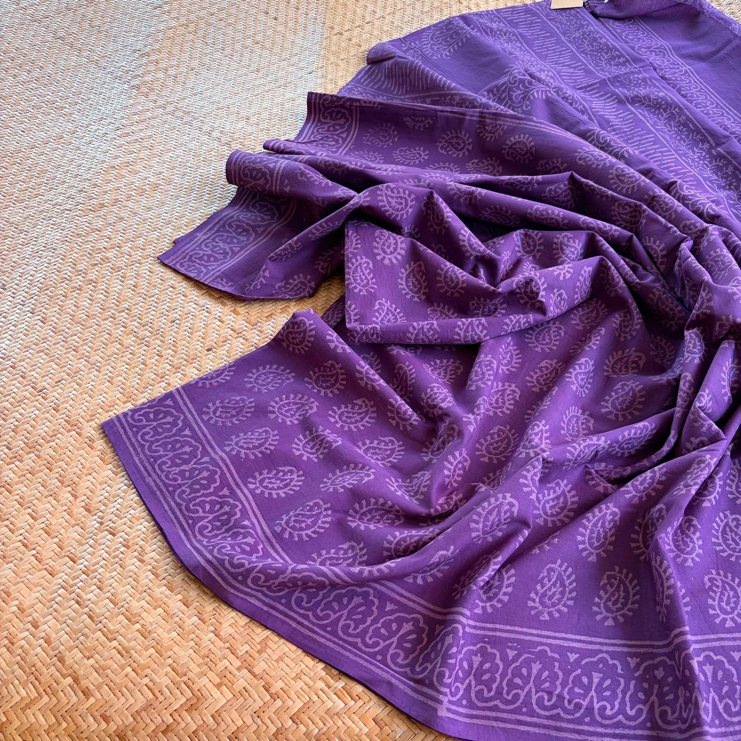 Mul Mul Cotton saree, Hand Block Printed,Purple