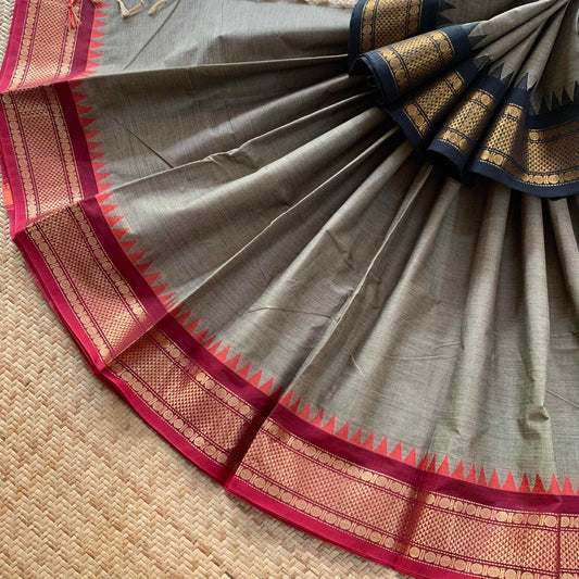 Grey Saree Black Ganga Jamuna Border, Chettinad cotton saree