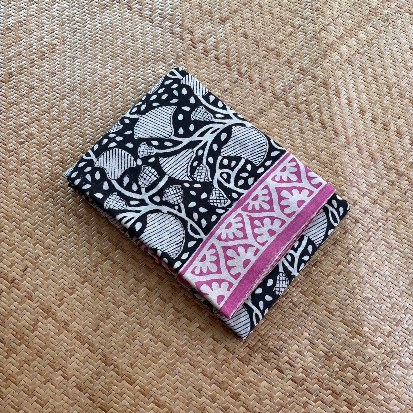 Mul Mul Cotton saree, Hand Block Printed, Black