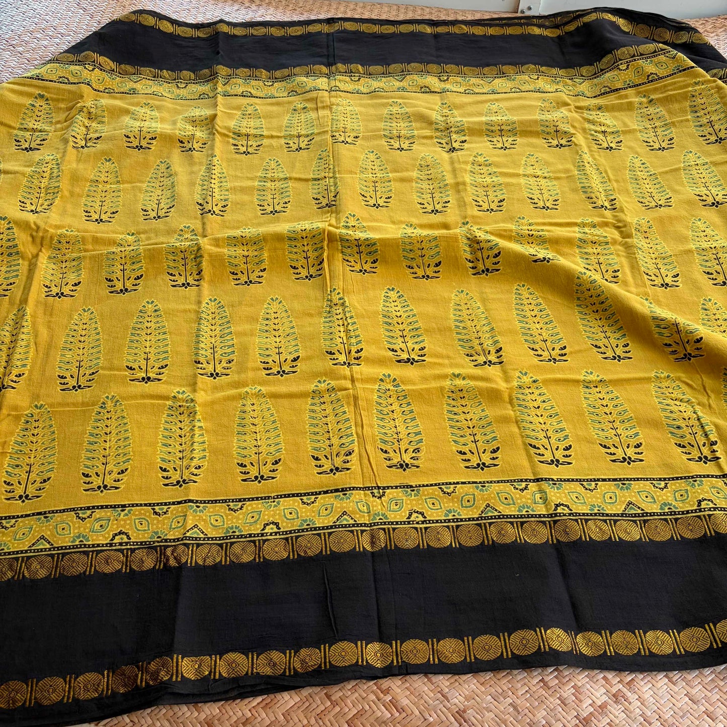 Mustard, Ajrak Hand Block Printed On Madurai Cotton Saree With Zari