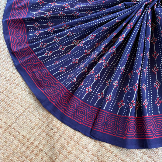 Mul Mul Cotton saree, Hand Block Printed, Blue