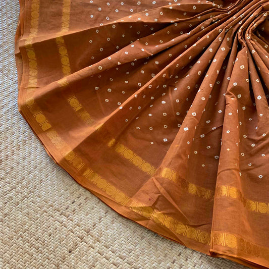 Light Brown Saree, Hand knotted Sungudi On a Rudraksham Border Cotton saree, Kaikattu Sungudi