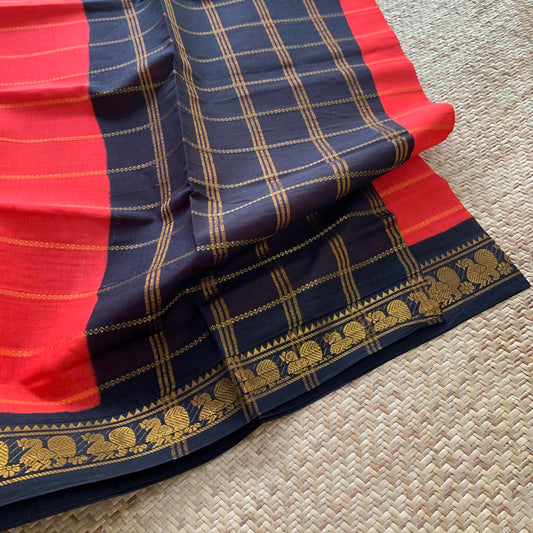 Red Saree With Black Border, Zari Velthari Madurai Sungadi Saree