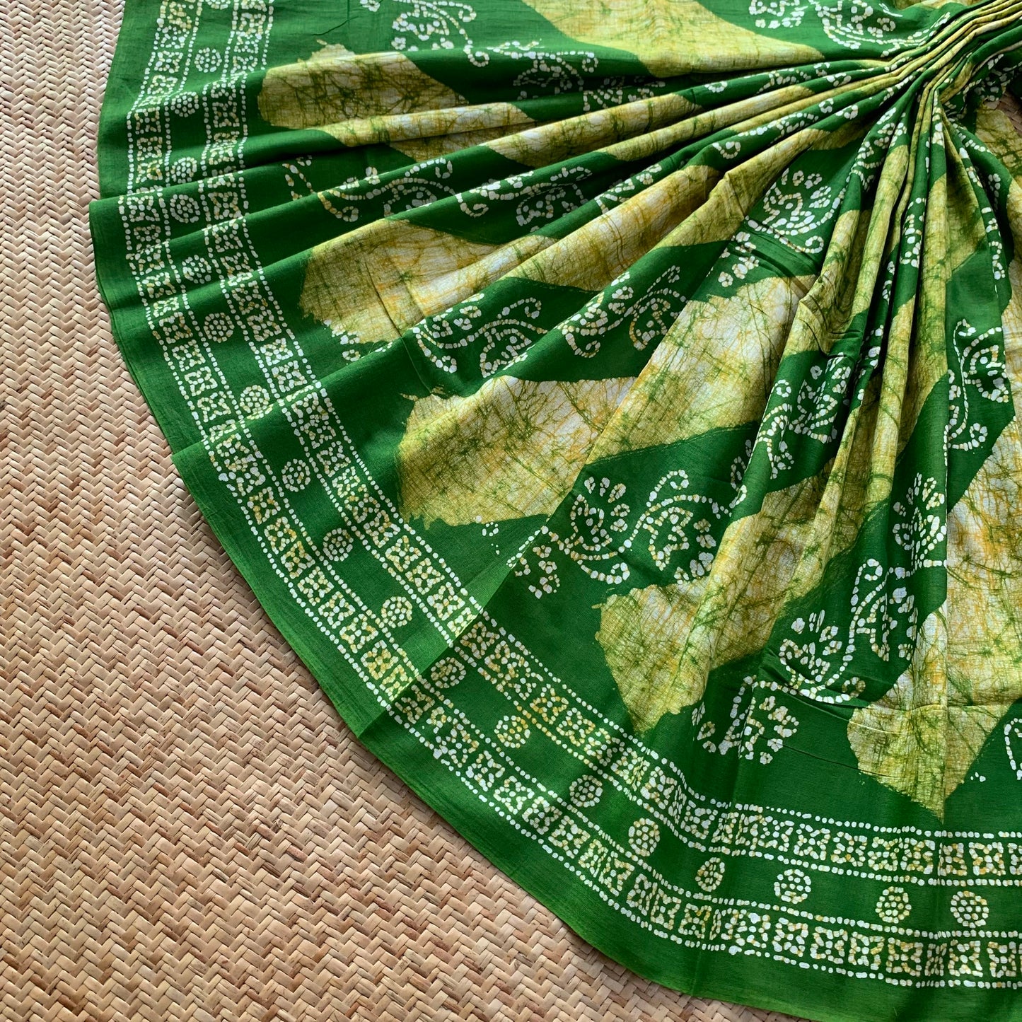 Green Hand Crafted wax print Sungudi Mul Mul Cotton Saree