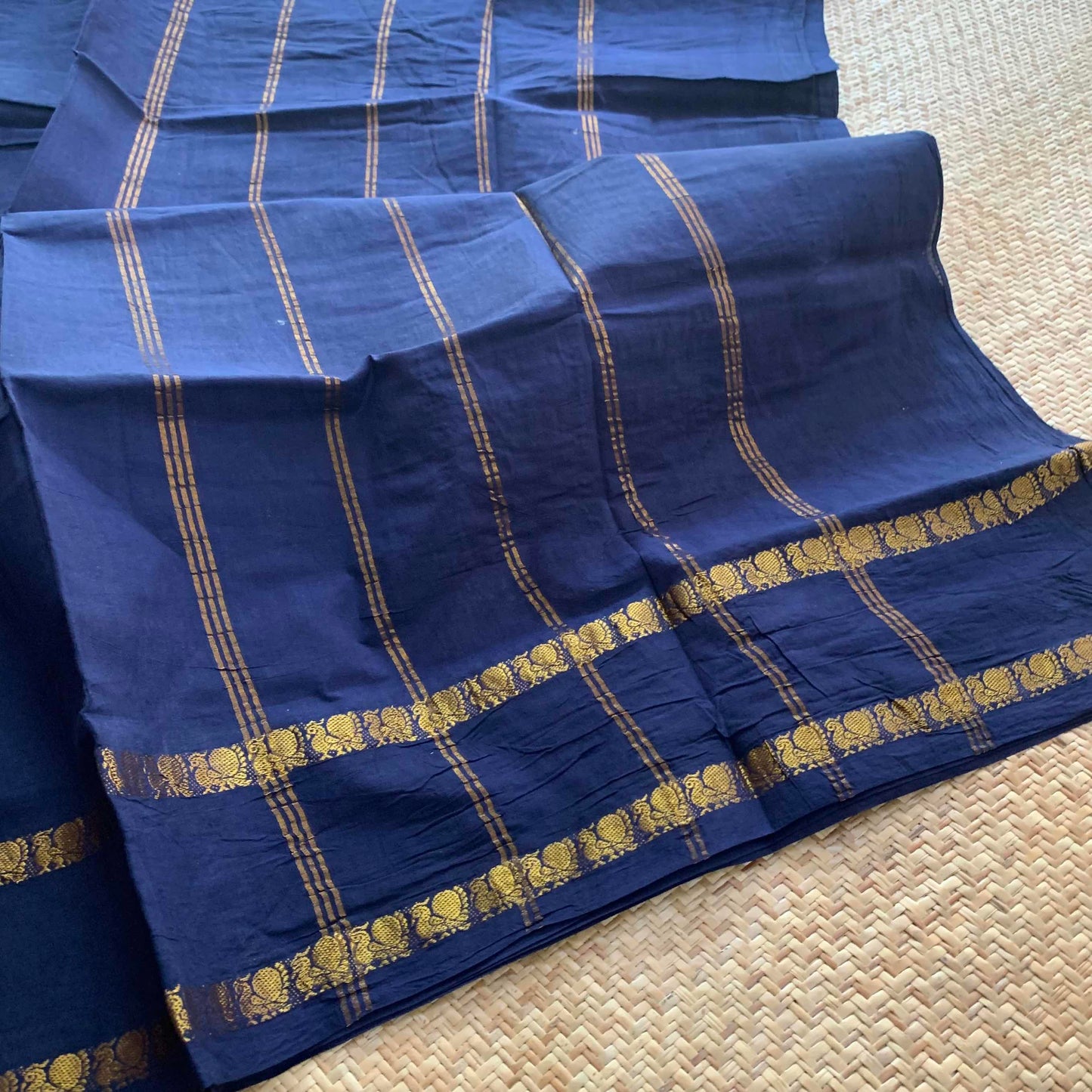 Navy Blue Saree , Zari Annam Rettai Pettu Border , Clamp dyed (Kattu sayam).