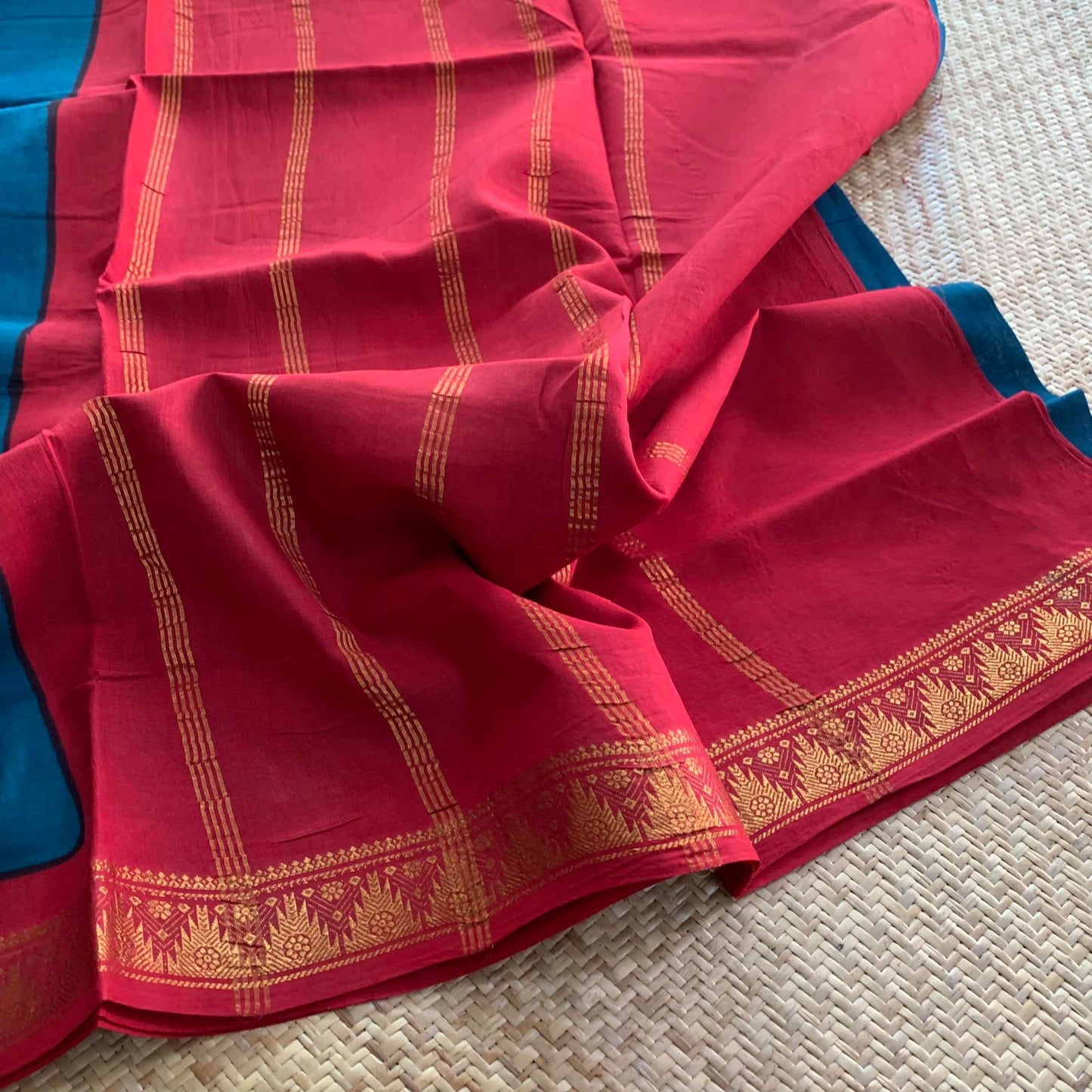 Blue Saree With Red Half Fine Zari Border, Clamp dyed (Kattu sayam).