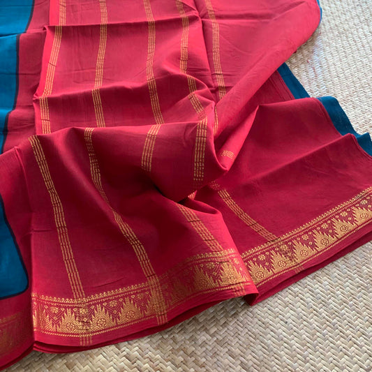 Blue Saree With Red Half Fine Zari Border, Clamp dyed (Kattu sayam).