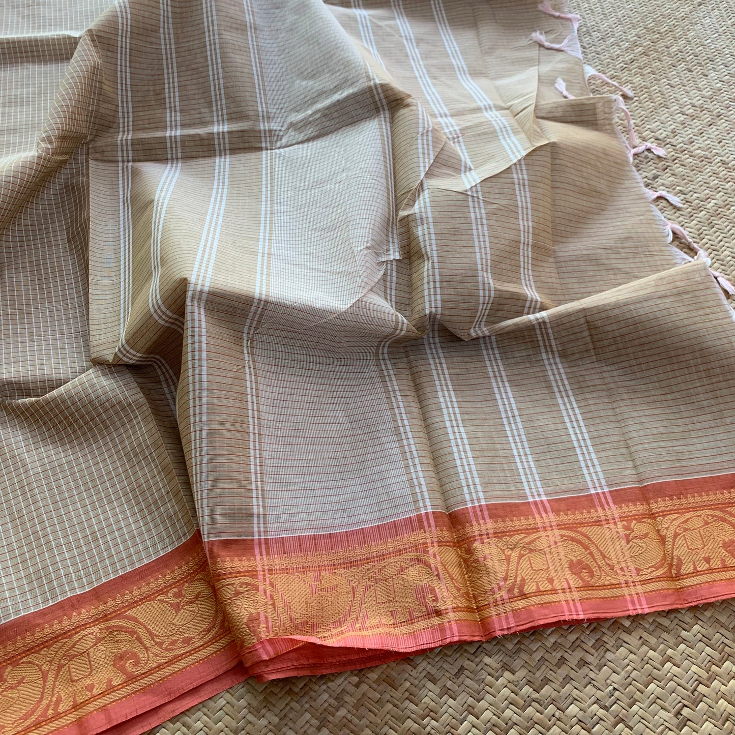 Chettinad Cotton Saree, Beige Saree With Orange Border