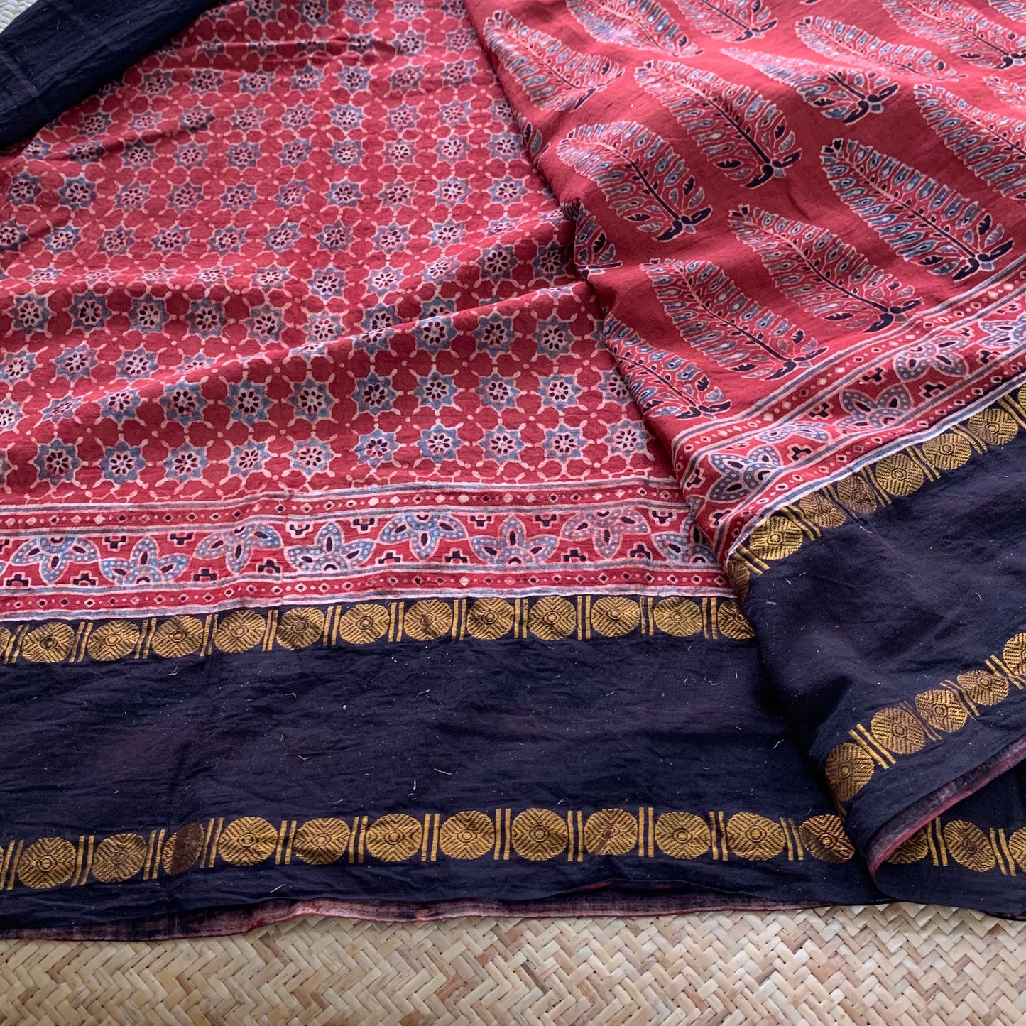 Pinecone-Manjistha, Ajrak Hand Block Printed On Madurai Cotton Saree With Zari