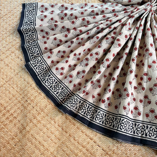 Mul Mul Cotton saree, Hand Block Printed, Beige