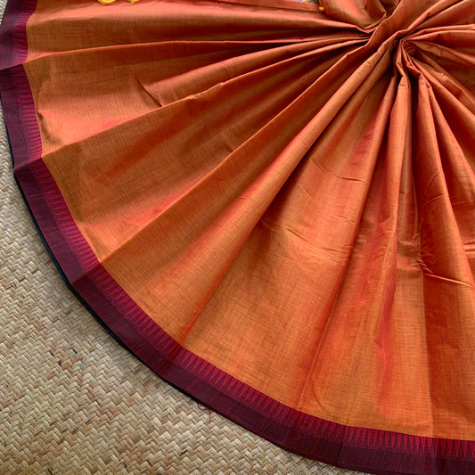 Chettinad Cotton Saree, Orange Saree with Red Border