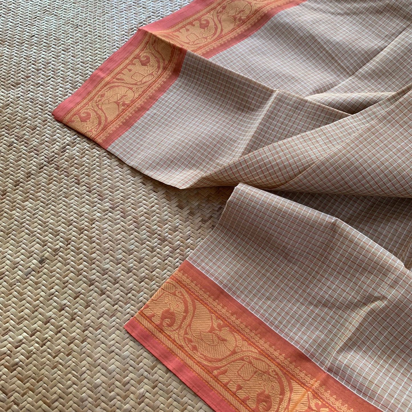 Chettinad Cotton Saree, Beige Saree With Orange Border