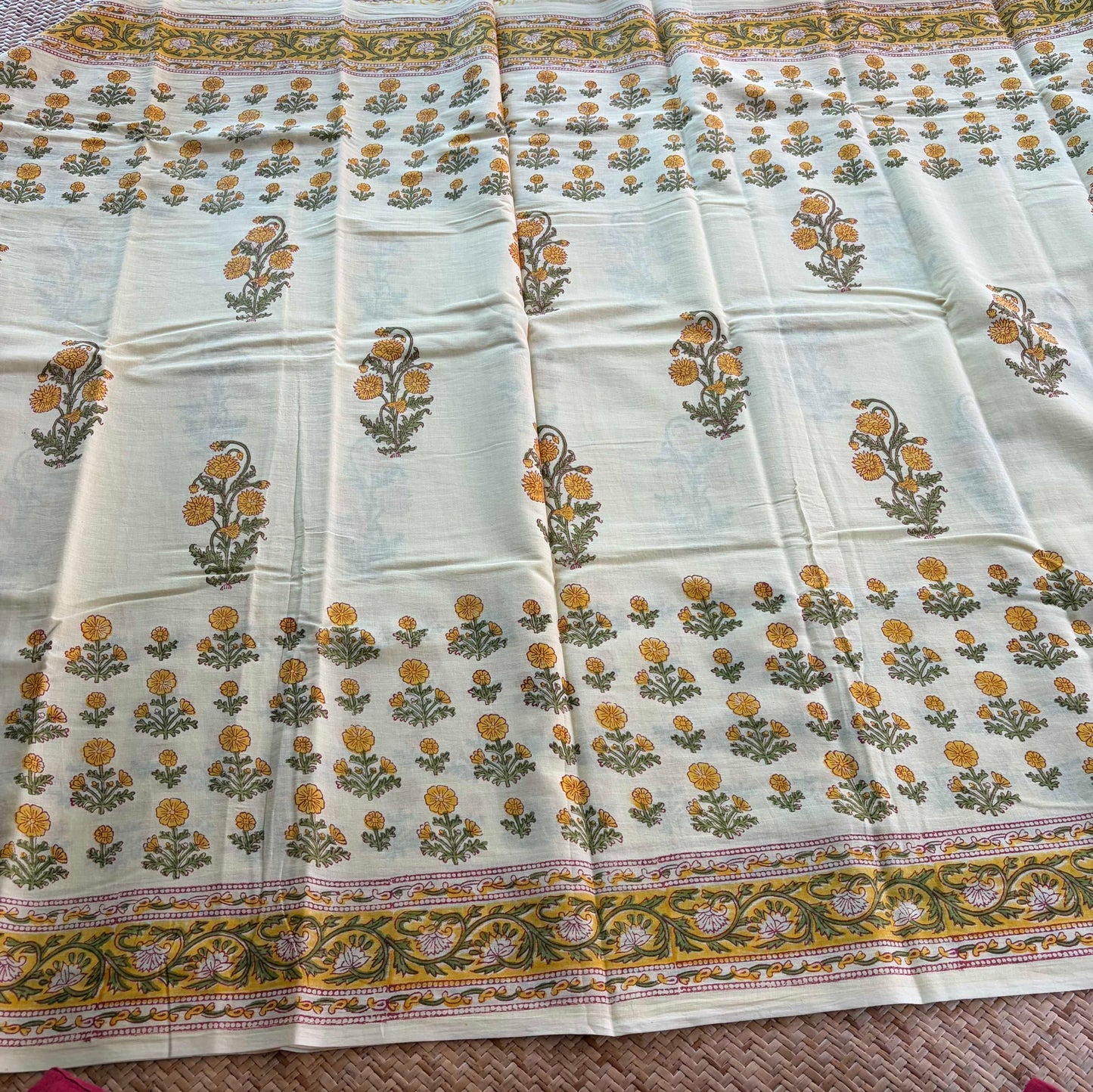 Mul Mul Cotton saree, Hand Block Printed, Pastel Yellow