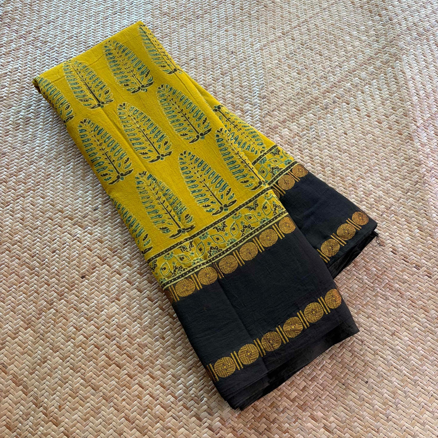 Mustard, Ajrak Hand Block Printed On Madurai Cotton Saree With Zari