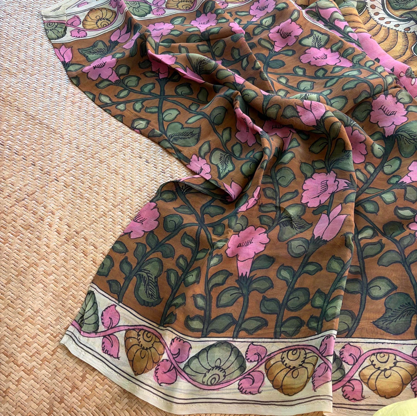 Multicoloured Kalamkari Hand Painted on Organza silk