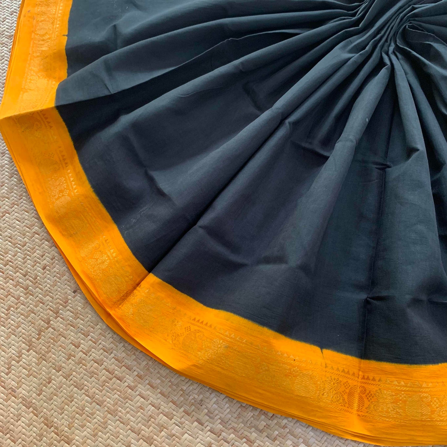 Black Saree With Yellow Half Fine Zari Border, Clamp dyed (Kattu sayam).