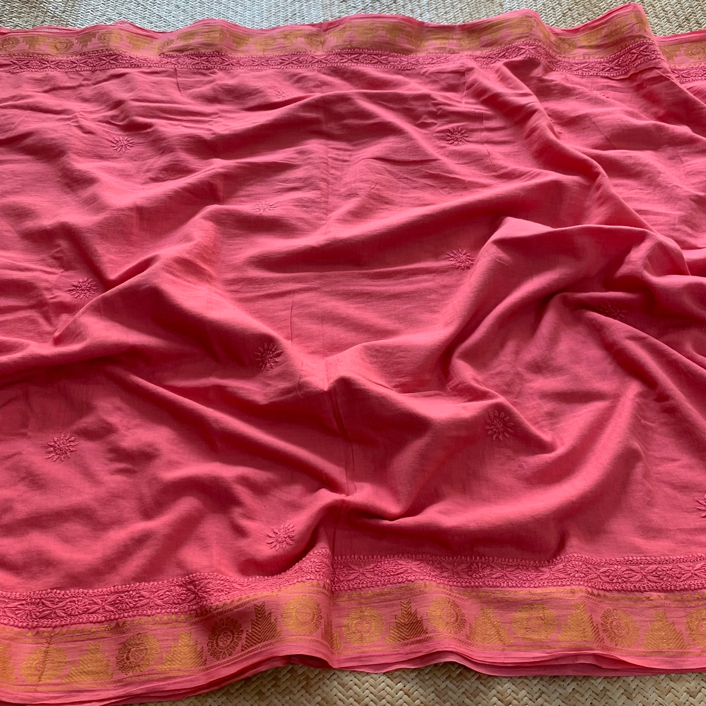 Salmon Pink Chickankari Hand Embroidery on a Sungudi Cotton Saree