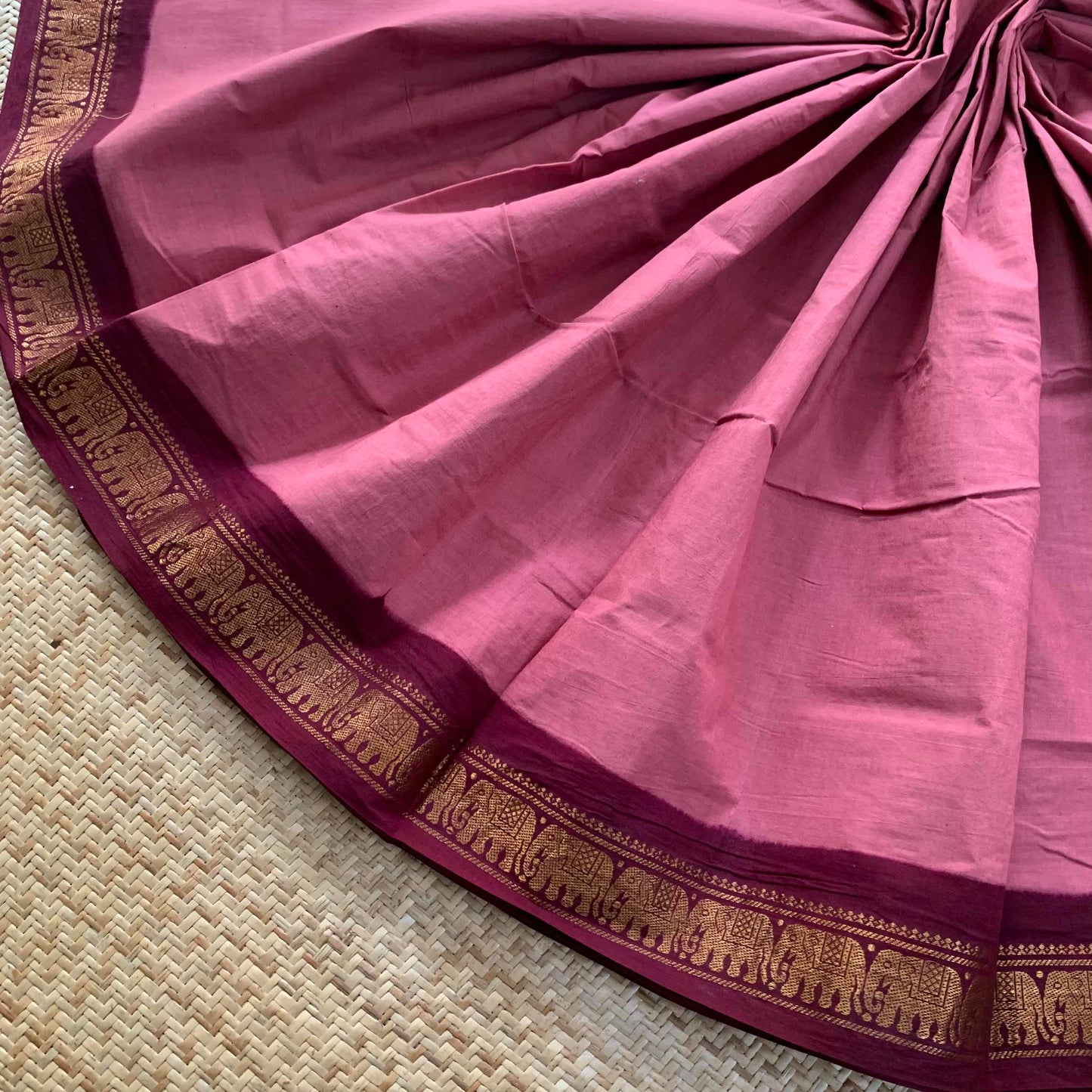 Dusty Pink Saree With Maroon Half Fine Zari Border, Clamp dyed (Kattu sayam).