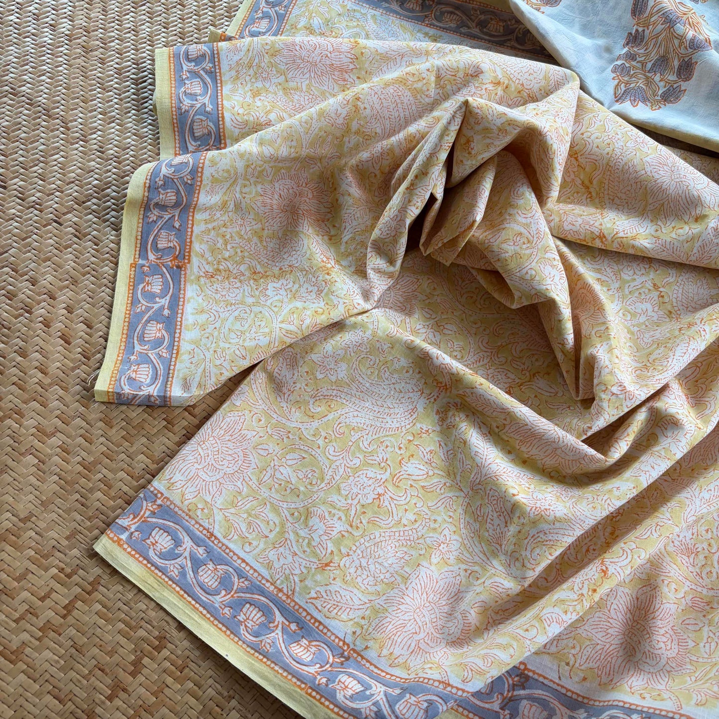 Mul Mul Cotton saree, Hand Block Printed, Butter Yellow
