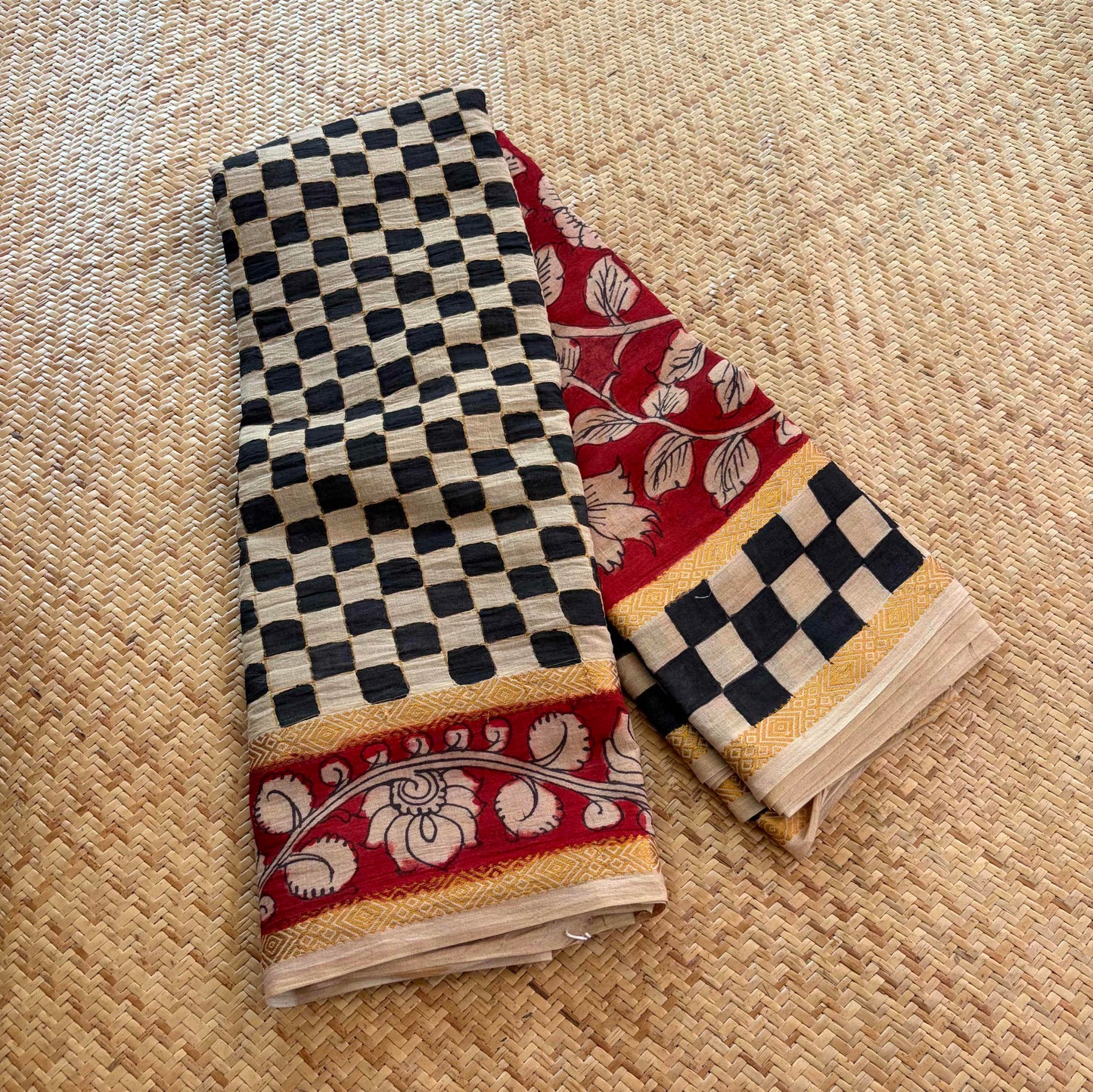Checkered Kalamkari Hand Painted on Cotton saree