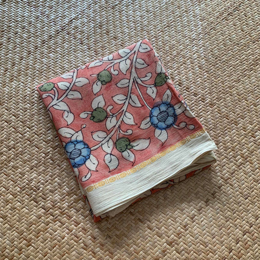 Orange Floral, Kalamkari Hand Painted on a Madurai Sungudi Cotton CUT FABRIC