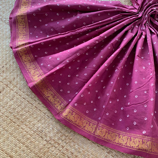 Mauve Wood Saree , Hand knotted Sungudi , Kaikattu Cotton Sungadi