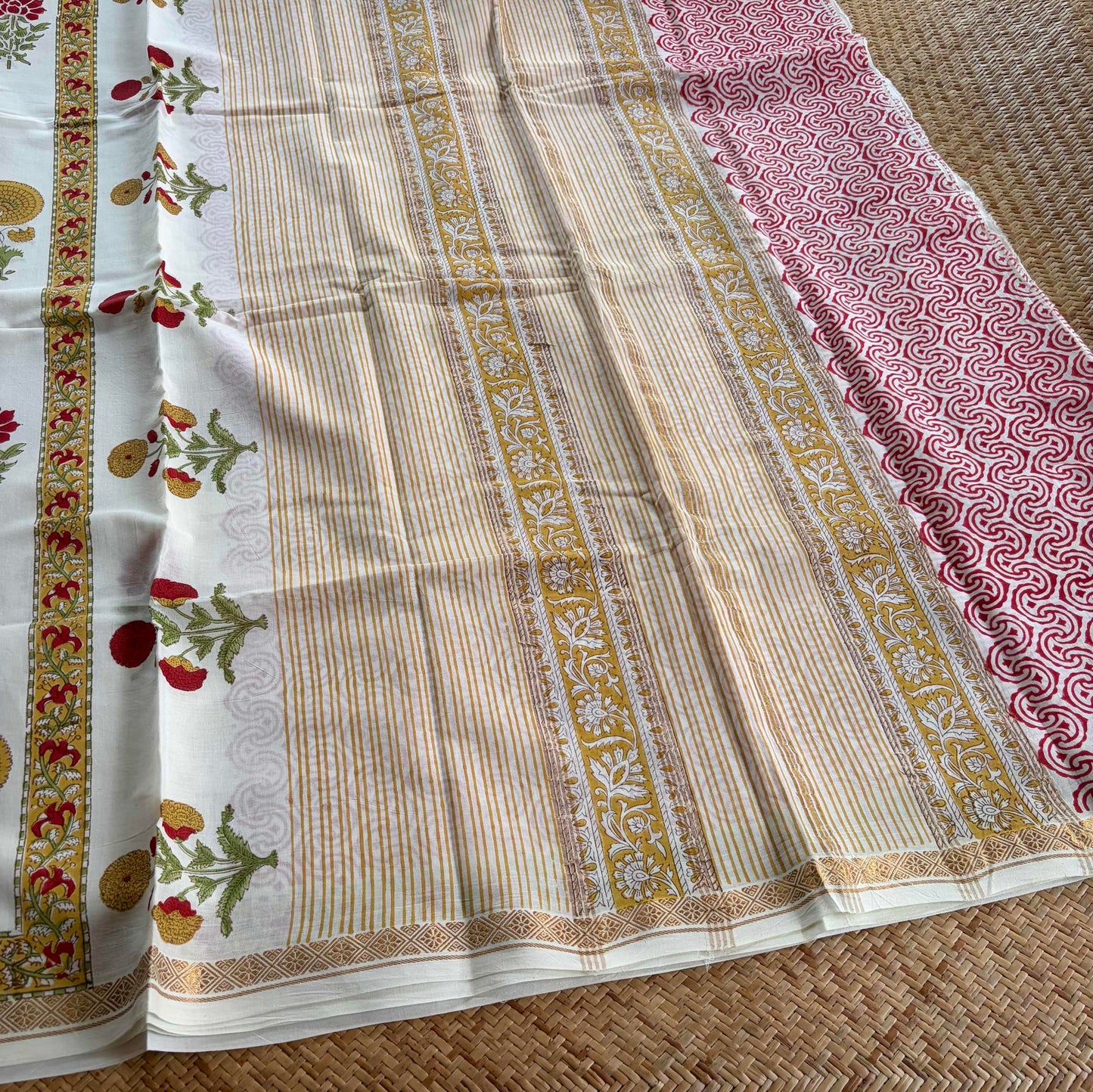 White, Jaipur Hand Block Printed On Madurai Cotton Saree With Zari