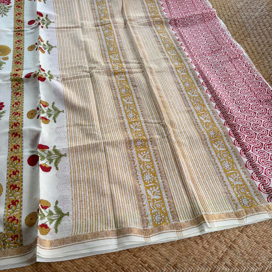 White, Jaipur Hand Block Printed On Madurai Cotton Saree With Zari