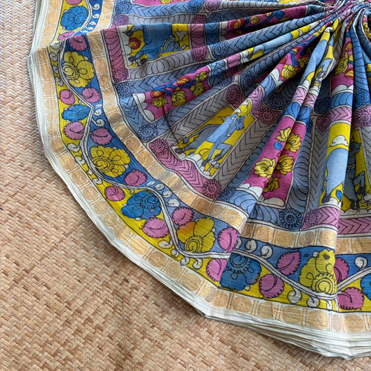 Column and Row Kalamkari Hand Painted on Cotton Sungudi Saree With Blouse