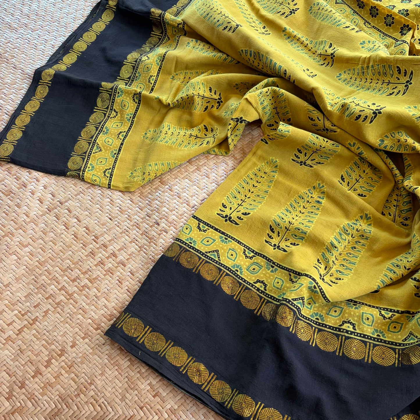 Mustard, Ajrak Hand Block Printed On Madurai Cotton Saree With Zari