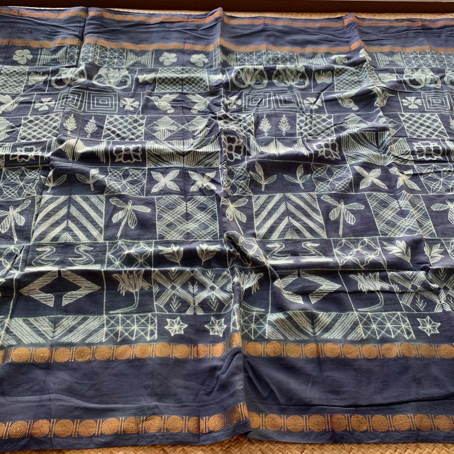 Frames - Denim Blue, Hand Crafted Shibori Sungudi Cotton Saree