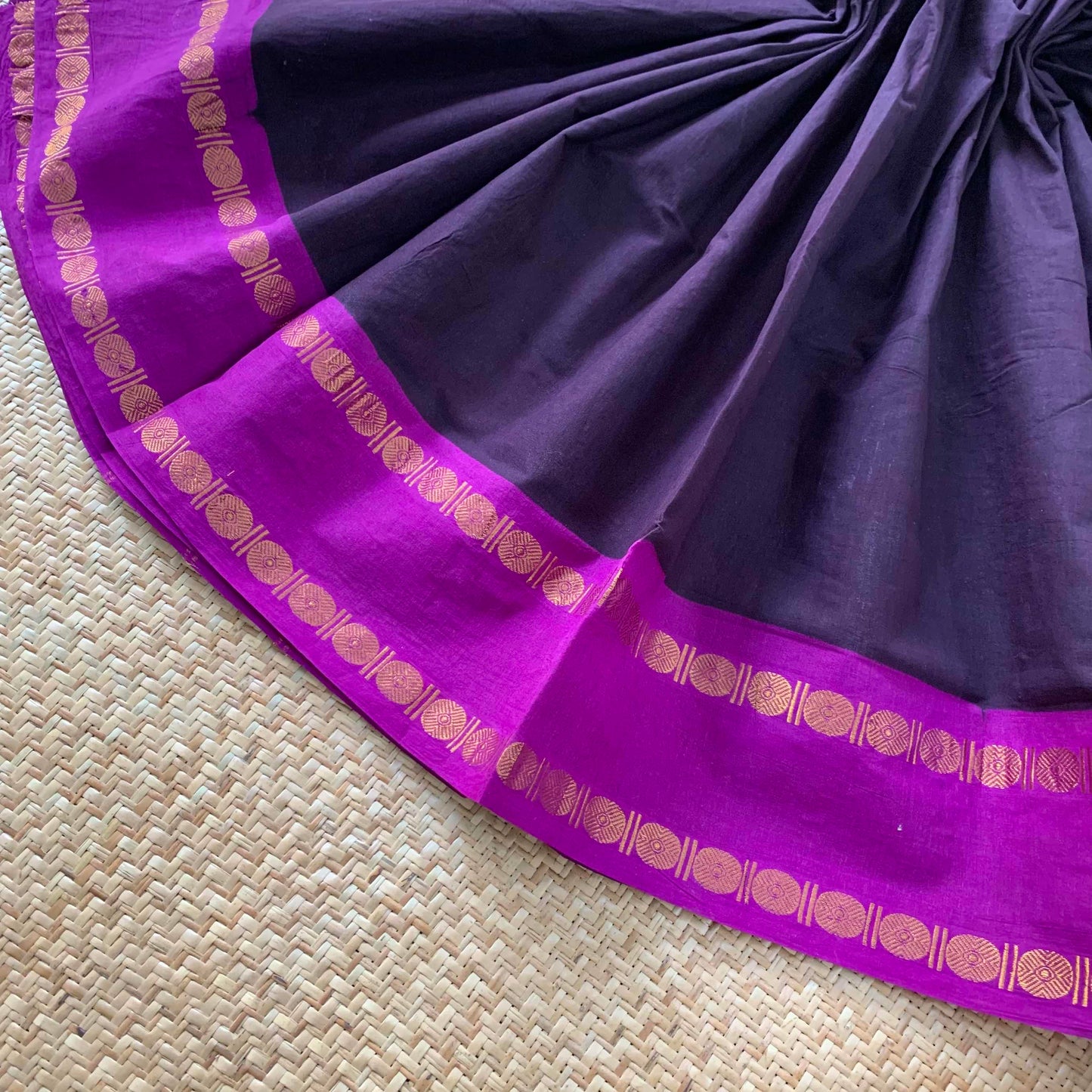 Beetle Nut brown Saree Purple Border, Zari Rudrasham Rettai Pettu Border , Clamp dyed (Kattu sayam).