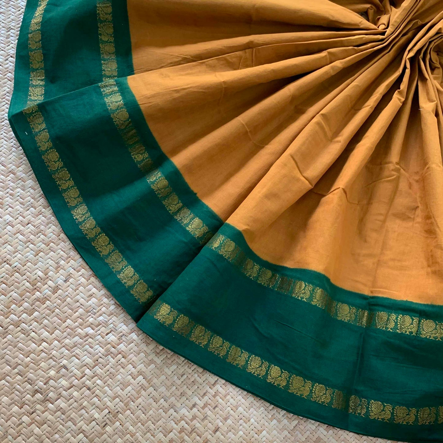 Mustard Saree With Green Border, Zari Annam Rettai Pettu Border , Clamp dyed (Kattu sayam).