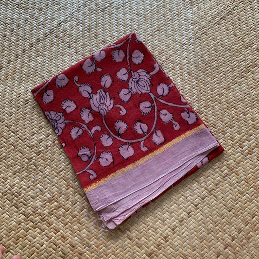 Maroon Floral, Kalamkari Hand Painted on a Madurai Sungudi Cotton CUT FABRIC