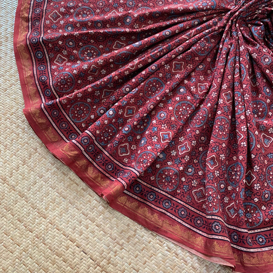 Vintage-Manjistha, Ajrak Hand Block Printed On Madurai Cotton Saree With Zari