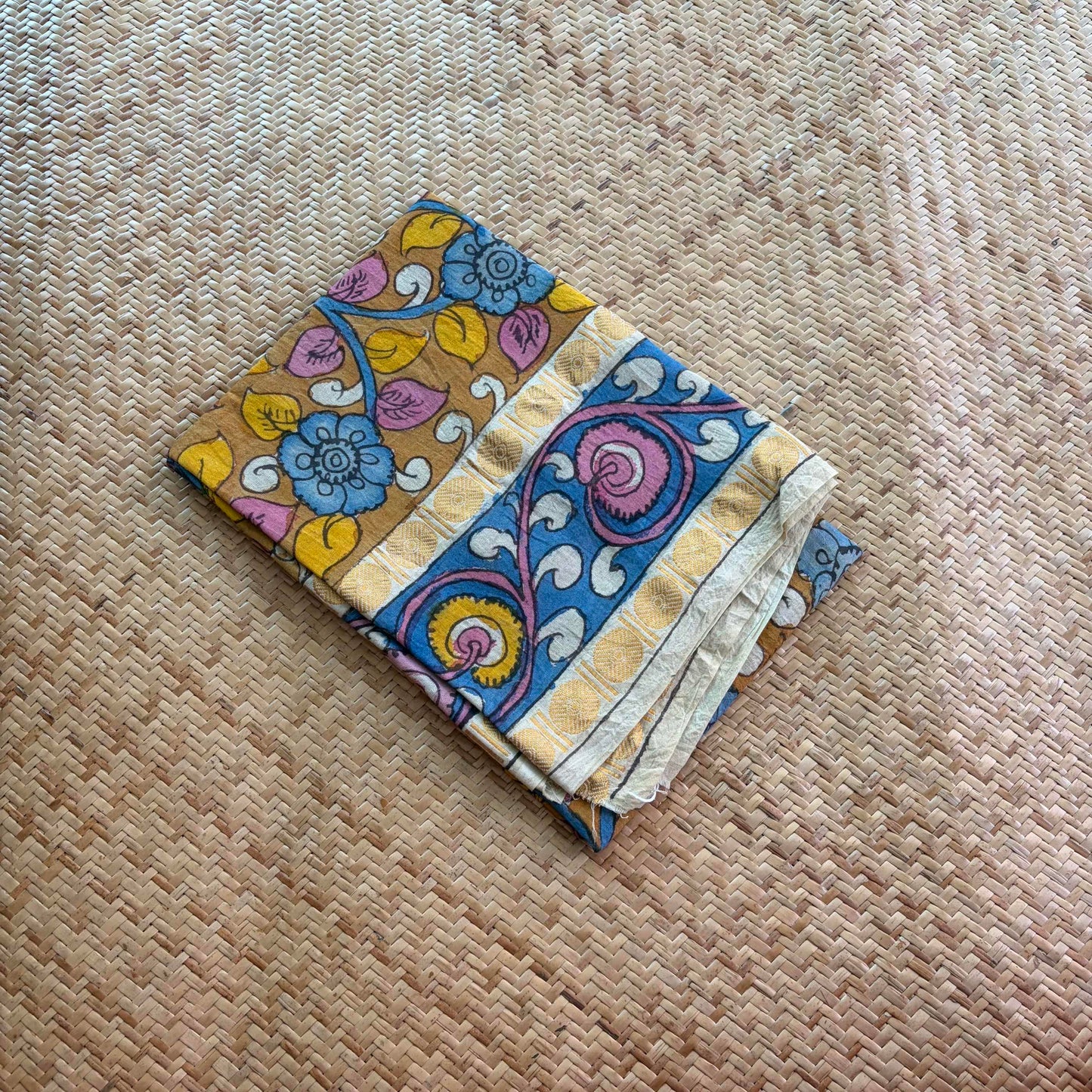 Mustard Floral, Kalamkari Hand Painted on a Madurai Sungudi Cotton 1.20 METER FABRIC