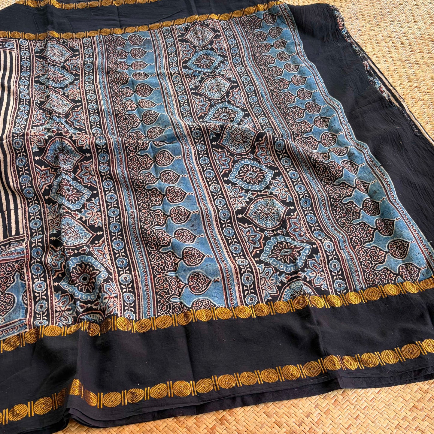 Black Stripes, Ajrak Hand Block Printed On Madurai Cotton Saree With Zari
