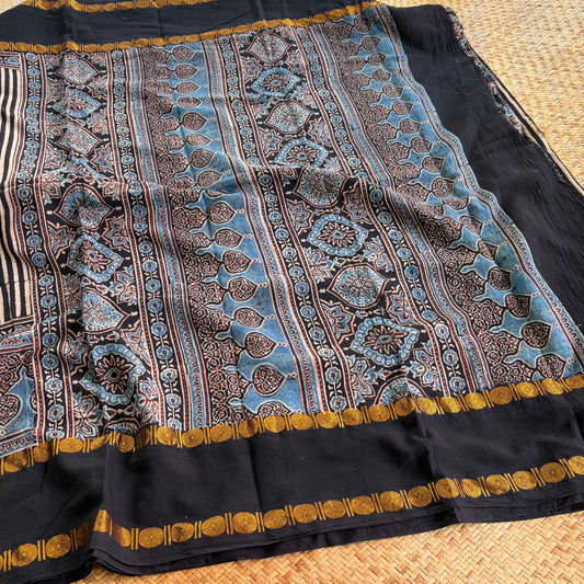Black Stripes, Ajrak Hand Block Printed On Madurai Cotton Saree With Zari