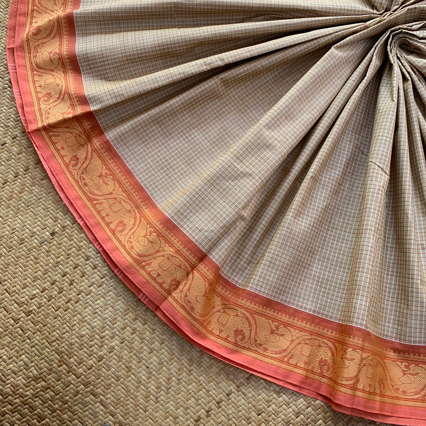 Chettinad Cotton Saree, Beige Saree With Orange Border