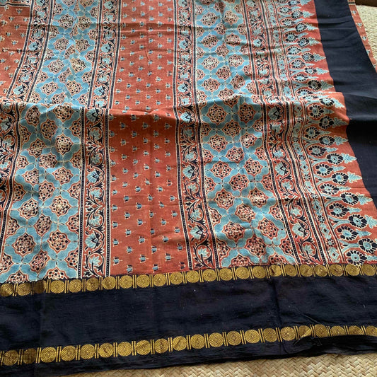 Brick Orange, Blu Pallu Ajrak Hand Block Printed On Madurai Cotton Saree With Zari