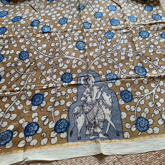 Mustard Floral, Kalamkari Hand Painted on a Madurai Sungudi Cotton CUT FABRIC