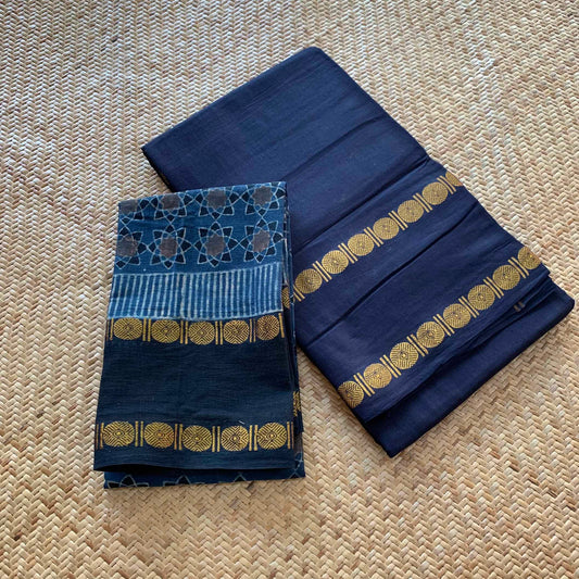 Black Saree With Ajrak Blouse , Zari Rudraksham Rettai Pettu Border , Clamp dyed (Kattu sayam).