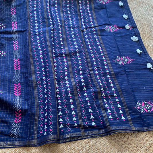 Sungudi Saree with multi colour thread Kantha embroidery