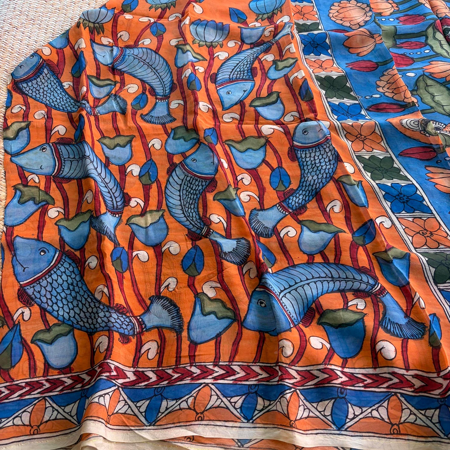 Multicoloured Kalamkari Hand Painted on Organza silk